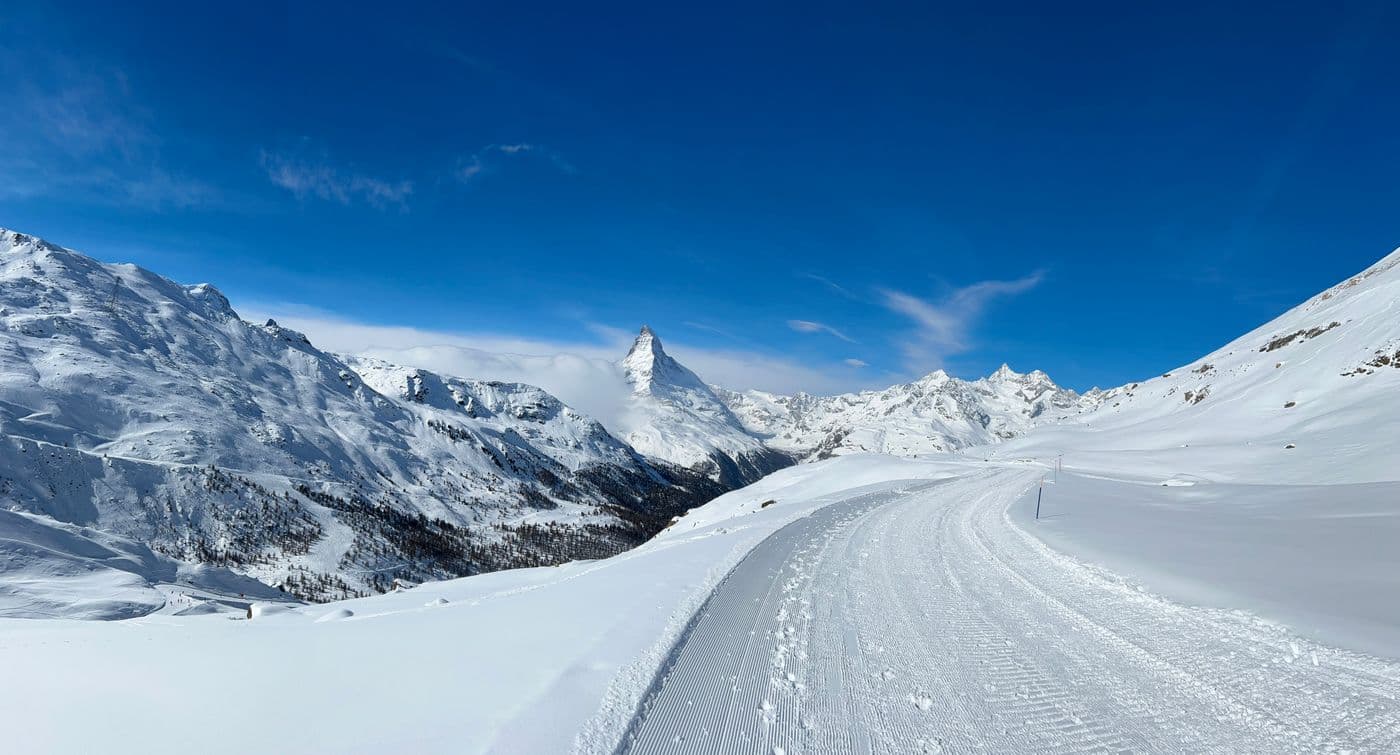 Snowy alpine road below the Matterhorn near Zermatt
